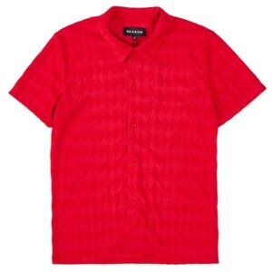 Diamond Plate Towel Color Blocked Short Sleeve Button Down Shirt - Red